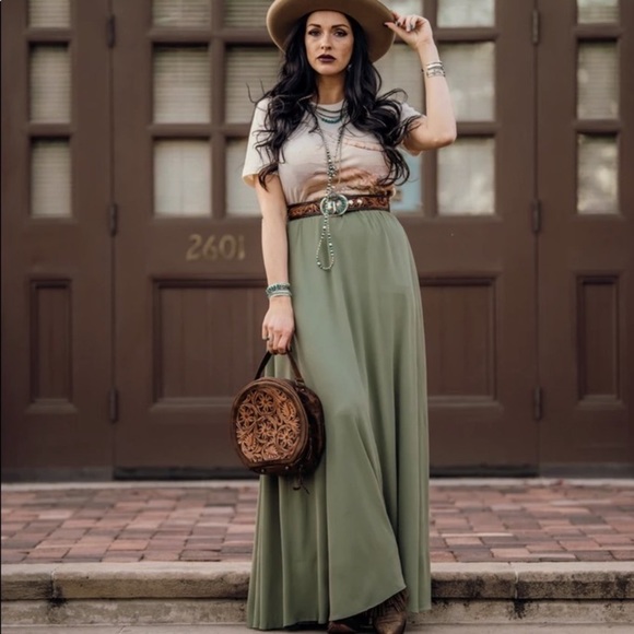 Olive Maxi Western Boho Skirt - Picture 3 of 6